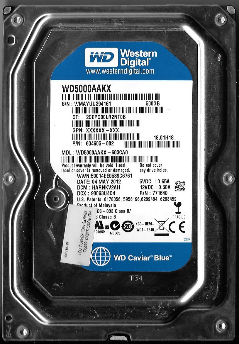 Western Digital HP 500Gb SATA 7200rpm 3.5in HDD ( WD5000AAKX-603CA0 636929-001 634605-002 ) REF