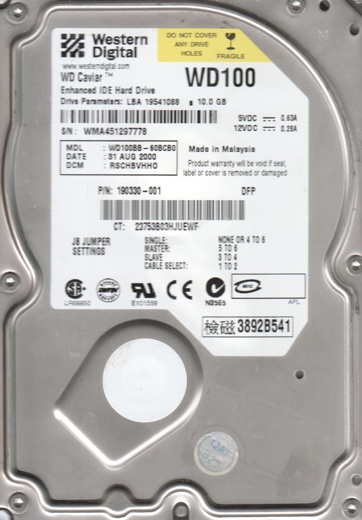 Western Digital Compaq 10GB IDE 7200rpm 3.5in HDD ( WD100BB-60BCB0 190330-001 ) REF