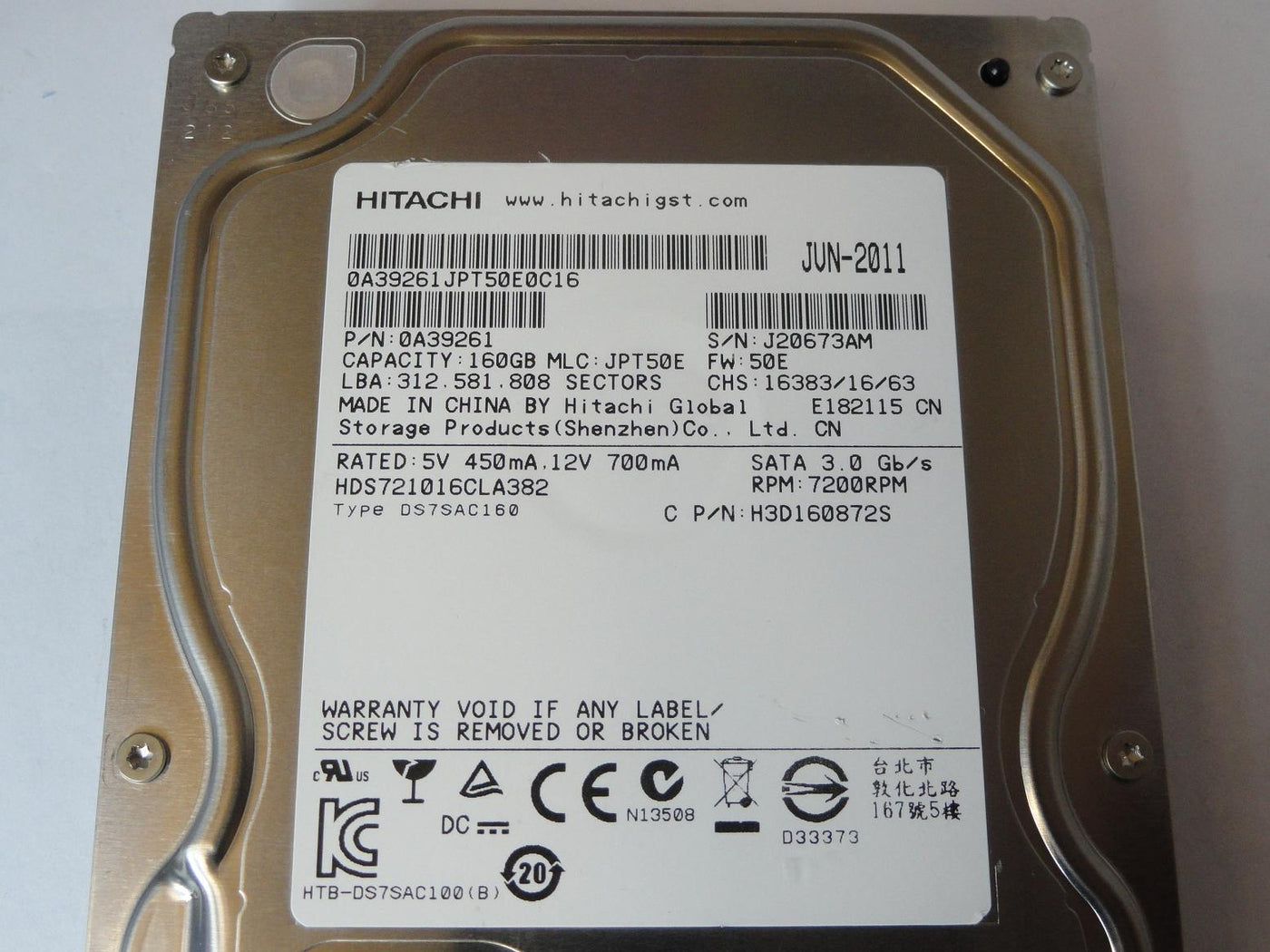 Hitachi 160Gb SATA 7200rpm 3.5in HDD ( 0A39261 HDS721016CLA382 ) REF