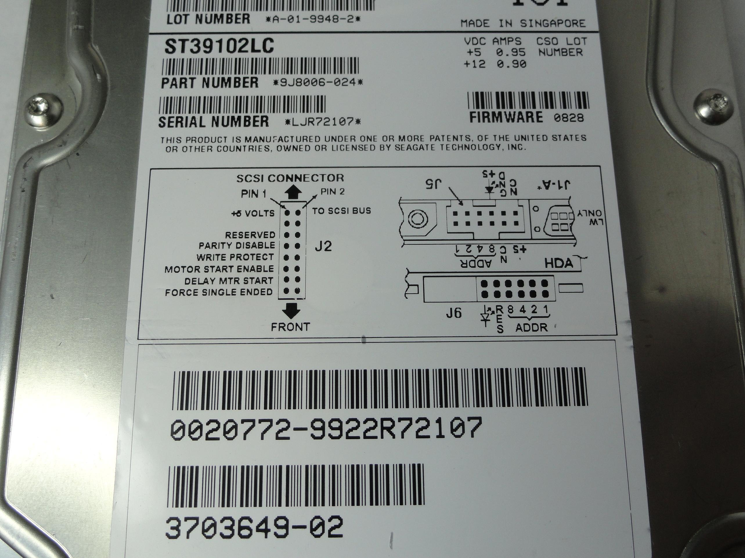 Seagate SUN 9.1GB SCSI 80 Pin 10Krpm 3.5in HDD ( ST39102LC 9J8006-024 370-3649-02 3703649-02 ) USED