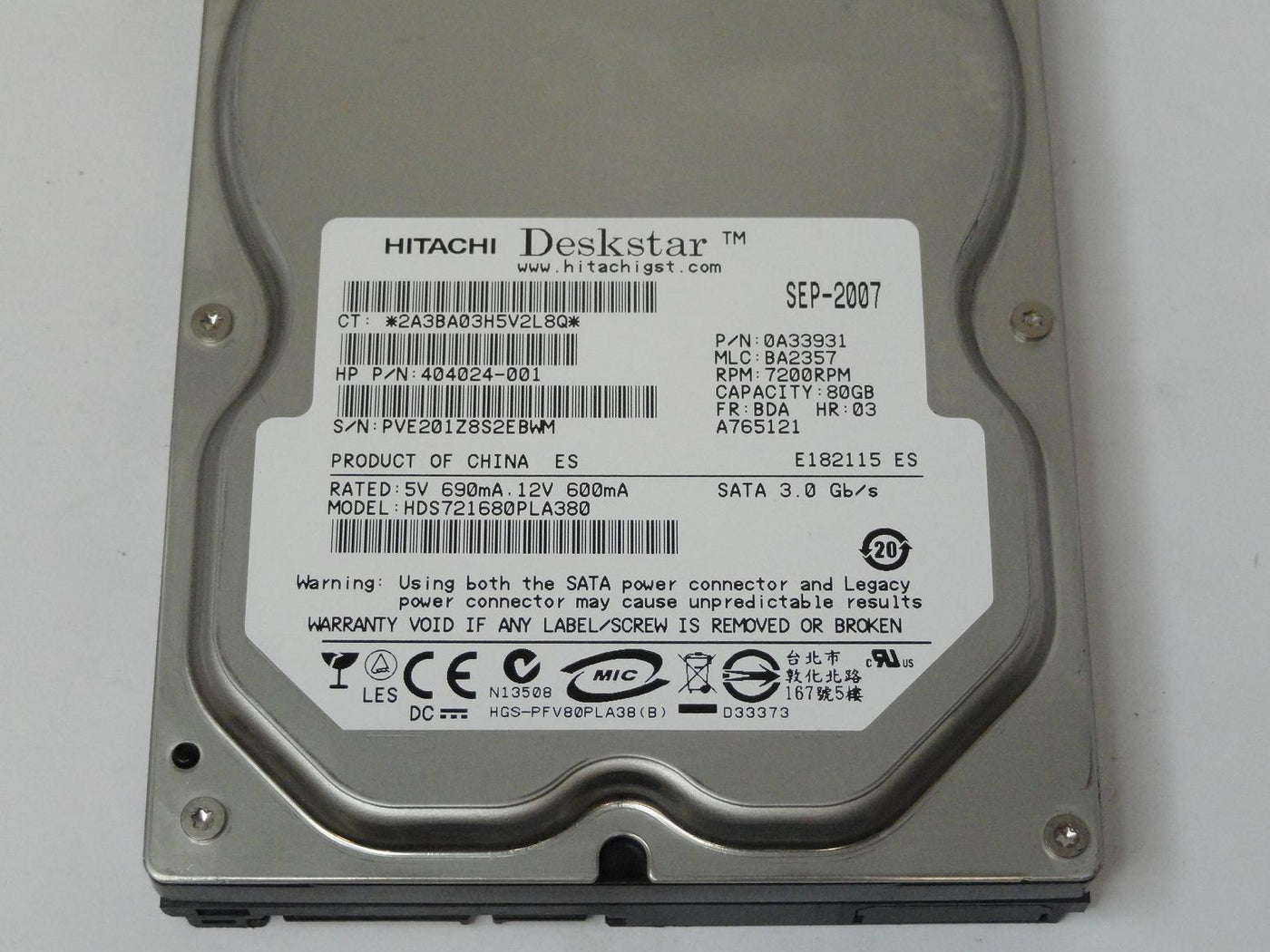 Hitachi HP 80GB SATA 7200rpm 3.5in HDD ( 0A33931 HDS721680PLA380 404024-001 ) REF