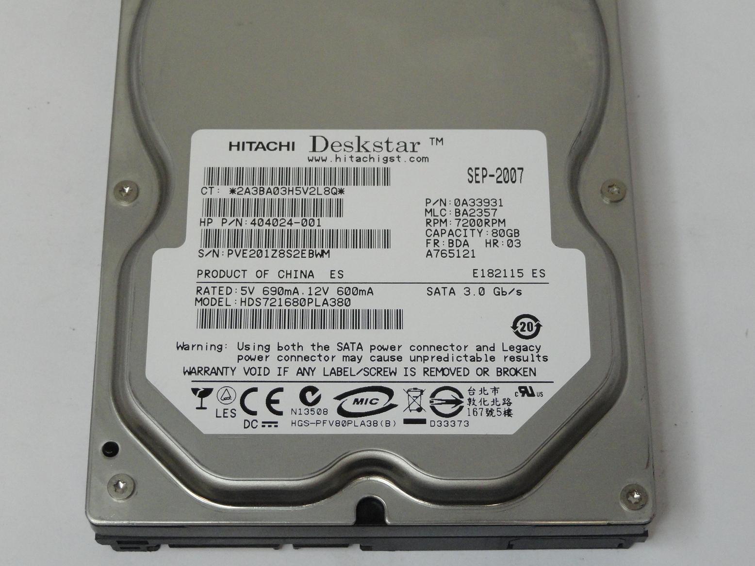 Hitachi HP 80GB SATA 7200rpm 3.5in HDD ( 0A33931 HDS721680PLA380 404024-001 ) REF