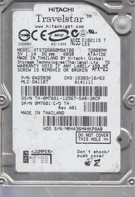 Hitachi Dell 60Gb IDE 7200rpm 2.5in HDD ( 0A25830 HTS726060M9AT00 0M7601 ) USED