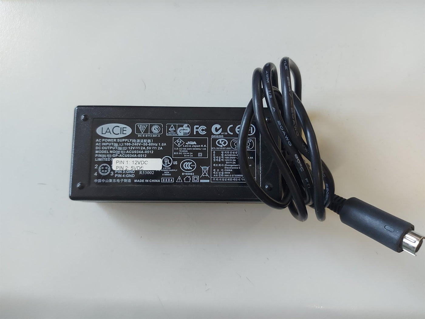 LACIE 12V/5V 2A mains 4-Pin Dual Voltage UK AC Power Supply adapter (GP-ACU034A-0512)