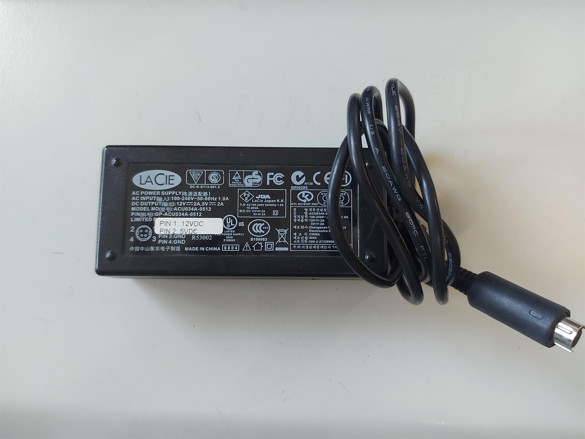 LACIE 12V/5V 2A mains 4-Pin Dual Voltage UK AC Power Supply adapter (GP-ACU034A-0512)