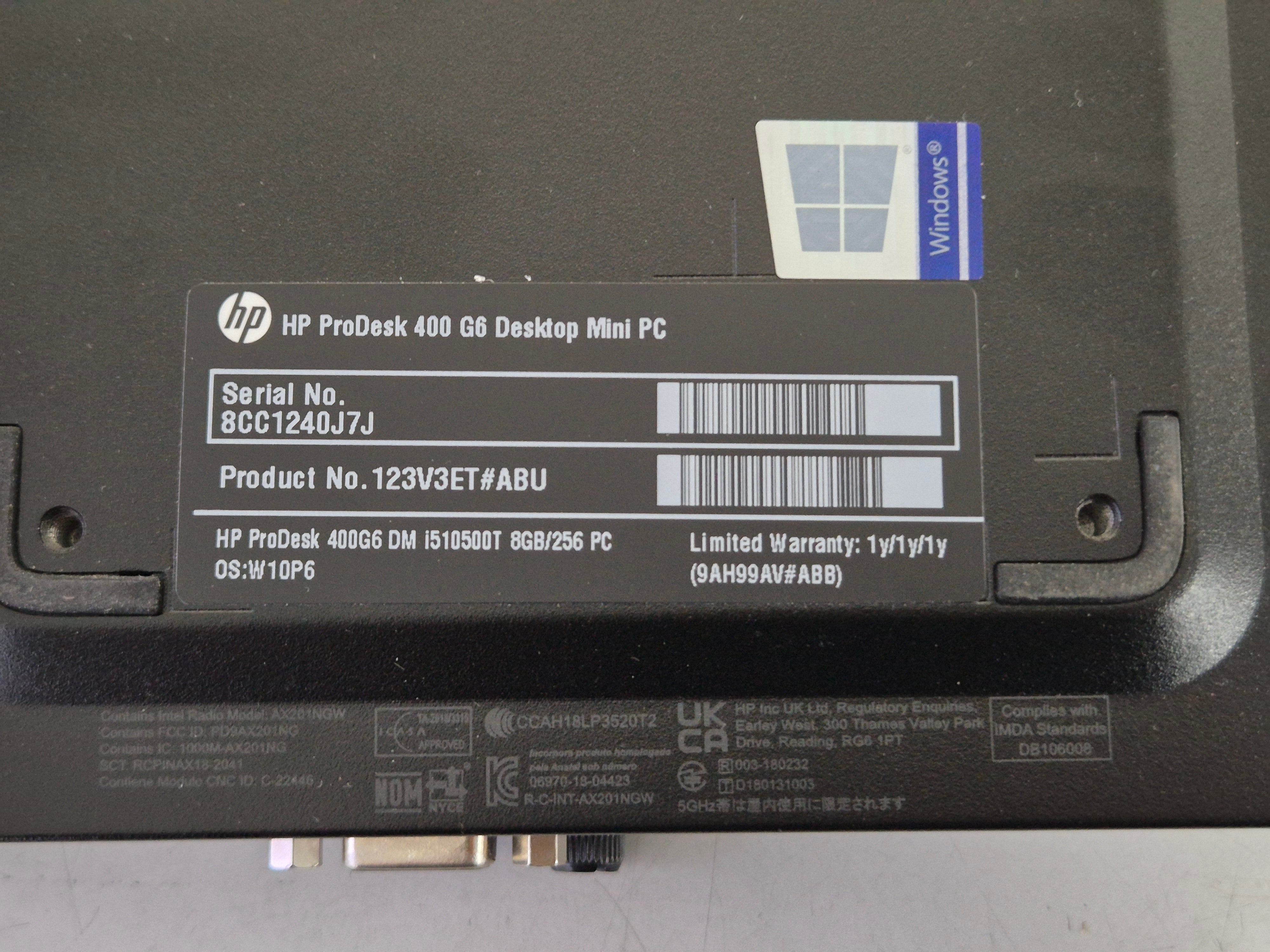 HP ProDesk 400 G6 Mini 250GB SSD 16GB RAM i5-10500T 2.3GHz Win10 boxed w/ accessories ( 123V3ET#ABU ) USED