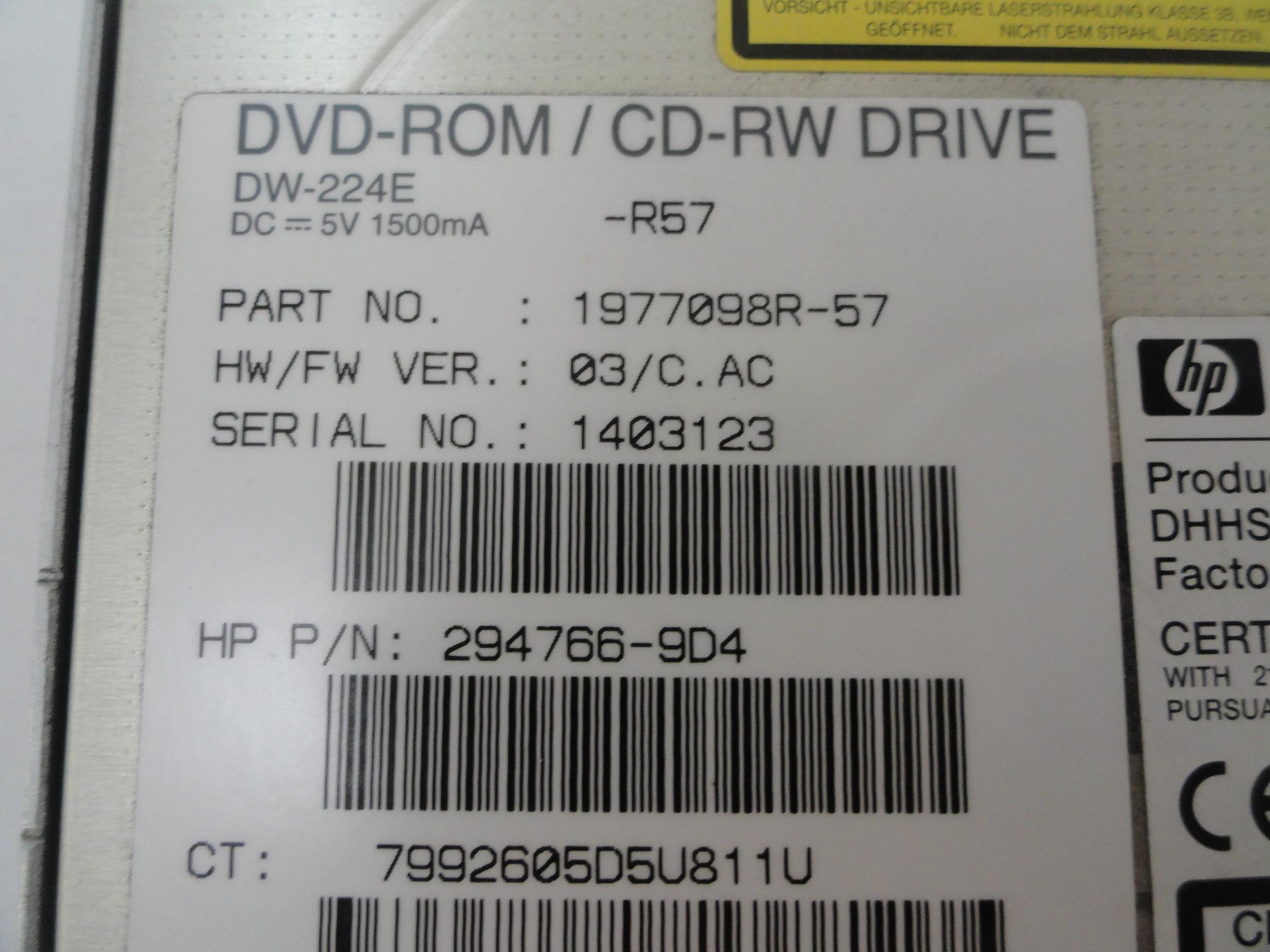 HP 5.25in Slimline CD-RW DVD Drive ( 1977098R-57 DW-224E 294766-9D4 3R-A6174-AA ) REF