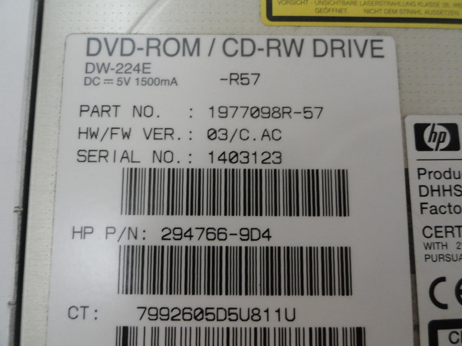 HP 5.25in Slimline CD-RW DVD Drive ( 1977098R-57 DW-224E 294766-9D4 3R-A6174-AA ) REF