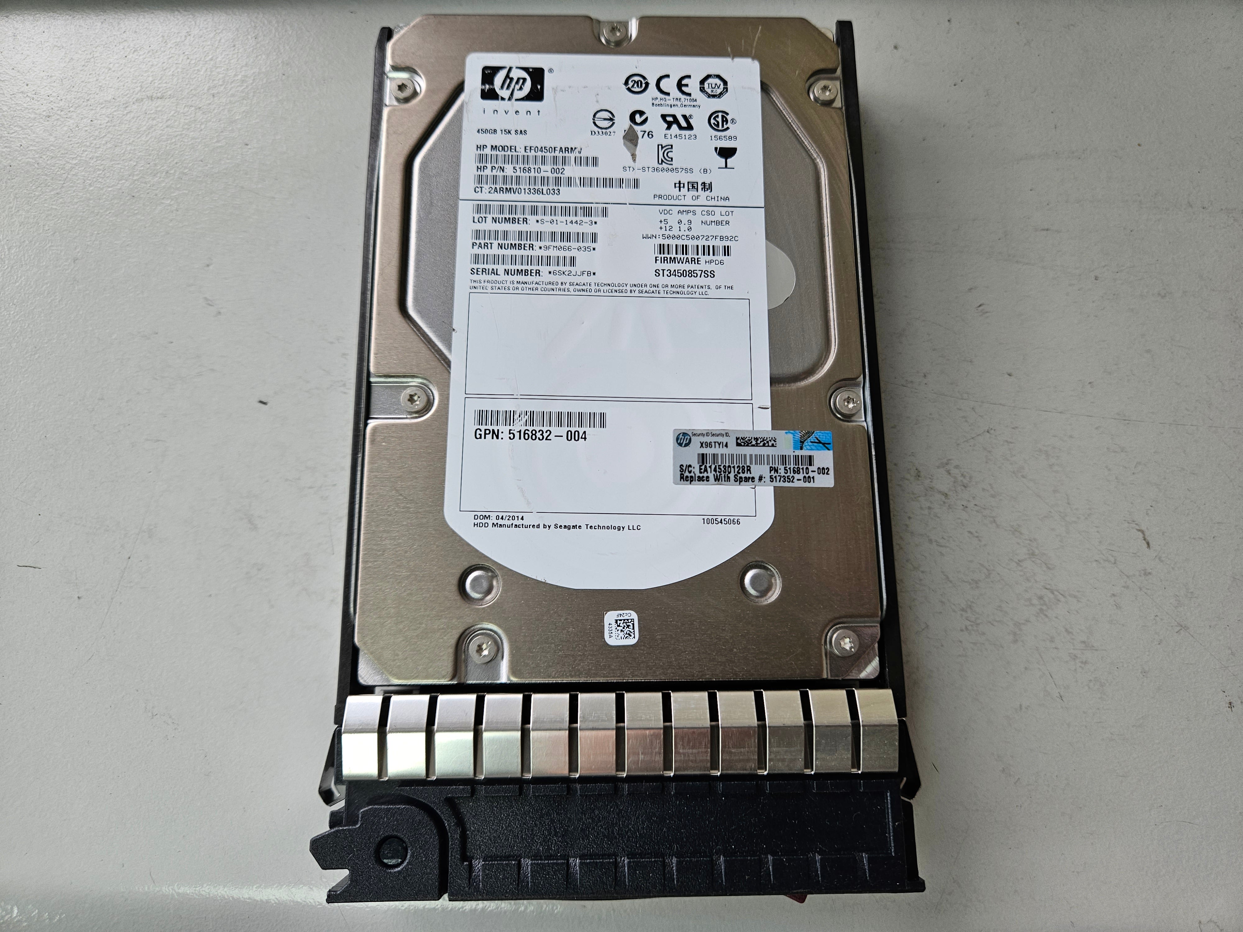 HP Seagate 450GB 15Krpm SAS 3.5in HDD in CADDY ( 9FM066-035 ST3450857SS 516810-002 EF0450FARMV 516832-004 517352-001 ) USED