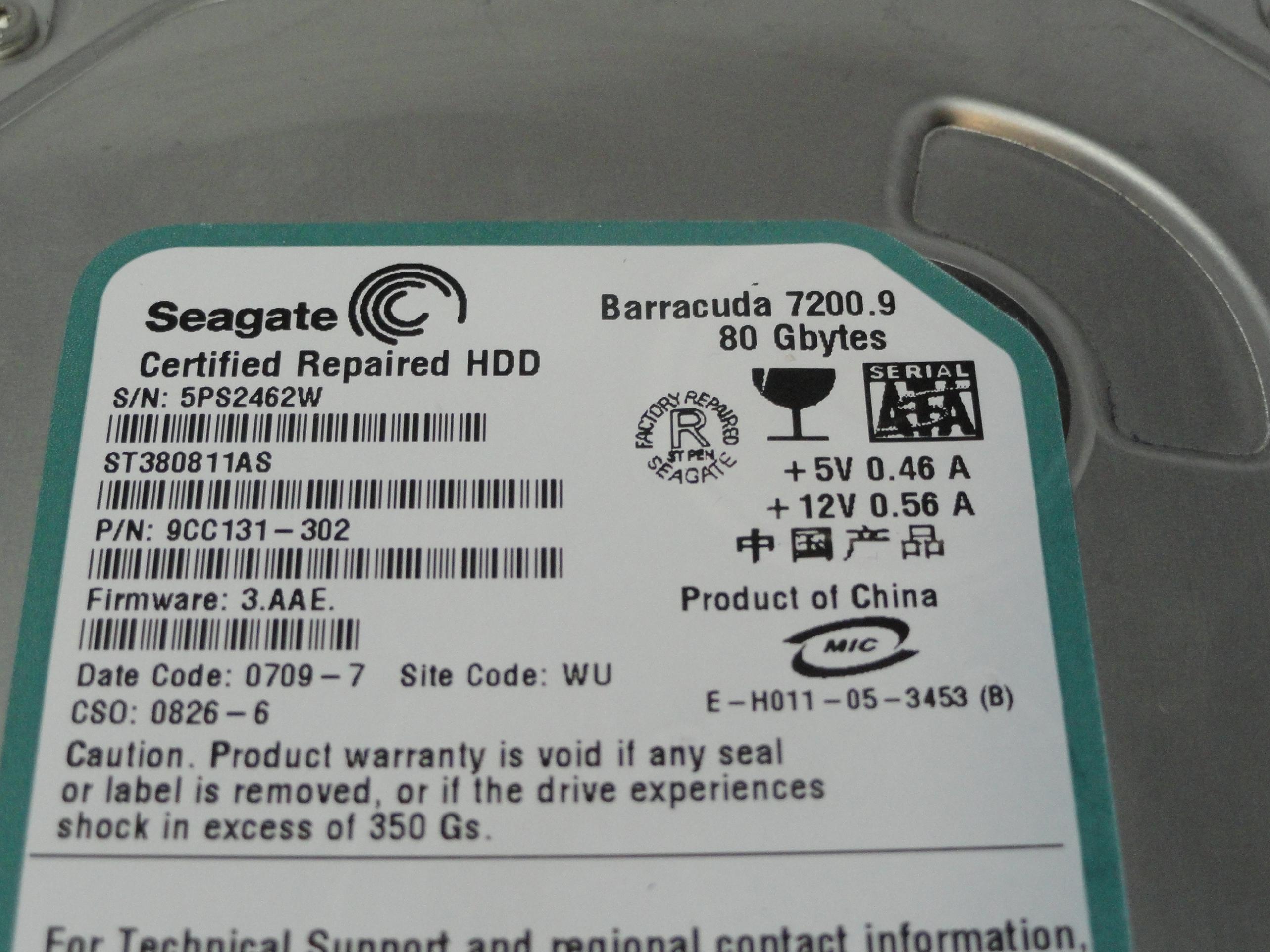 9CC131-302 - Seagate 80GB SATA 7200rpm 3.5in Certified Repaired Barracuda 7200.9 HDD - Refurbished