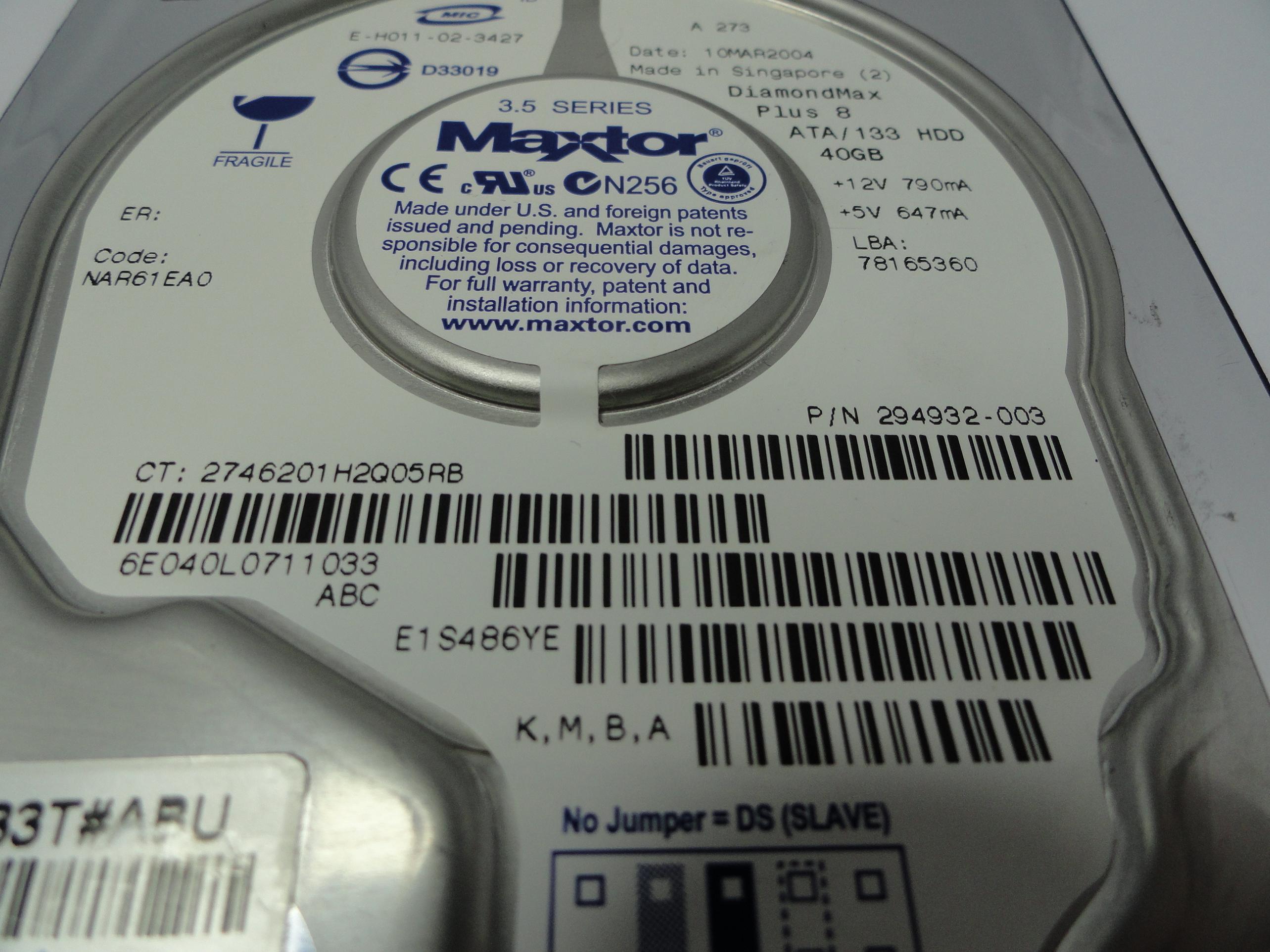 6E040L0 - Maxtor Compaq 40Gb IDE 7200rpm 3.5in HDD - USED