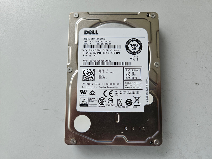 Dell Toshiba 146GB 15KRPM SAS 2.5in HDD ( MK1401GRRB HDEAA01DAA51 06DFD8 ) USED