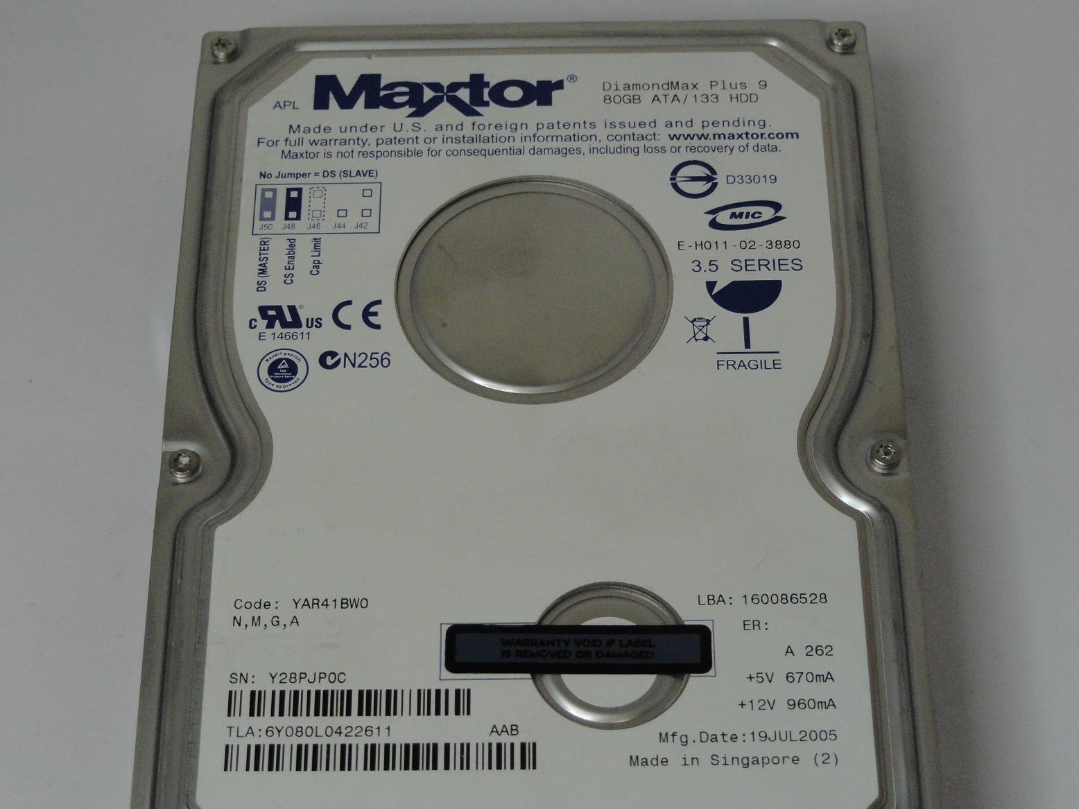 6Y080L0 - Maxtor 80Gb IDE 7200rpm 3.5in HDD - Refurbished