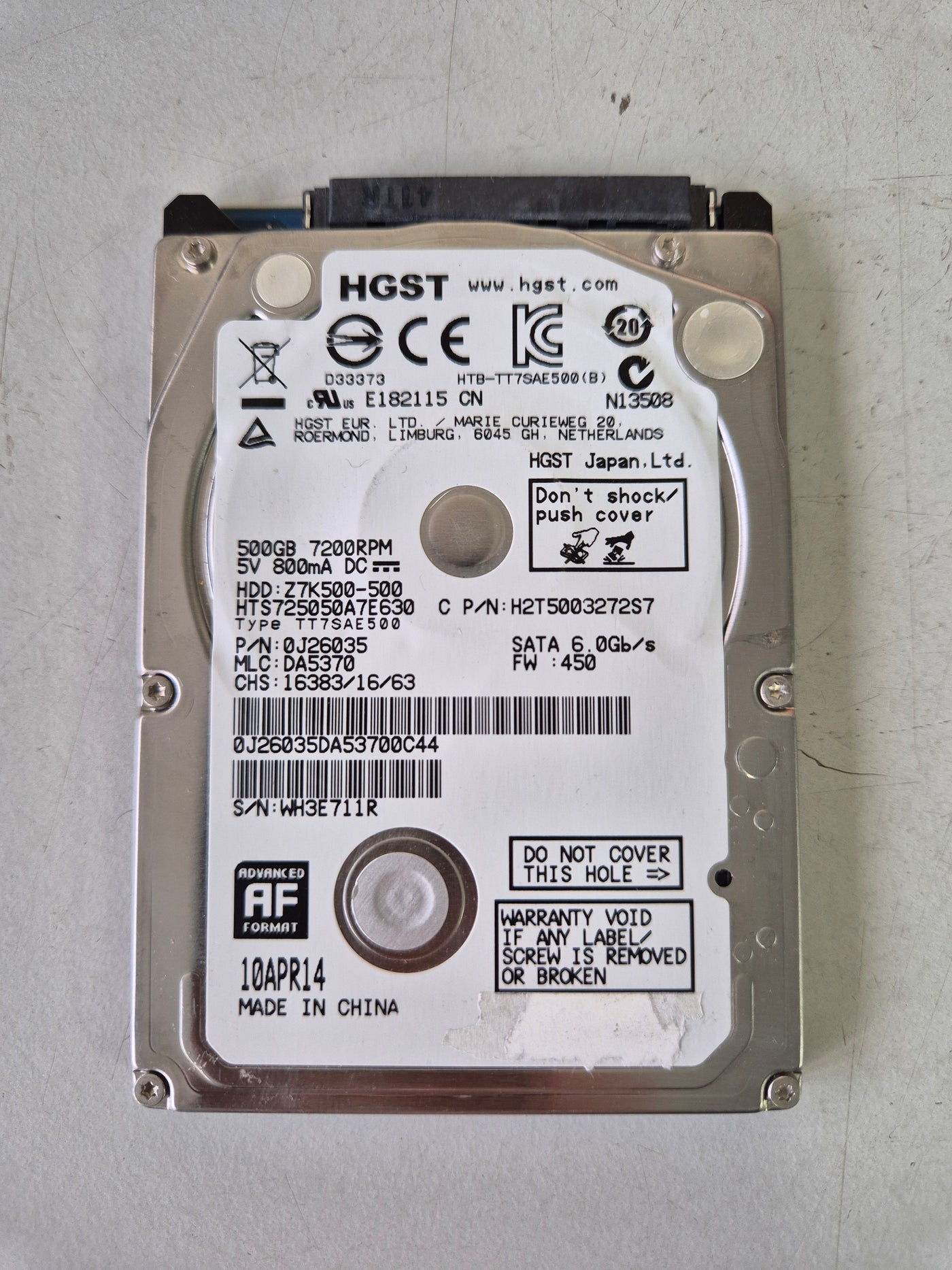 HGST 500GB SATA 7.2KRPM 2.5in HDD ( HTS725050A7E630 H2T5003272S7 Z7K500-500 0J26035 ) USED
