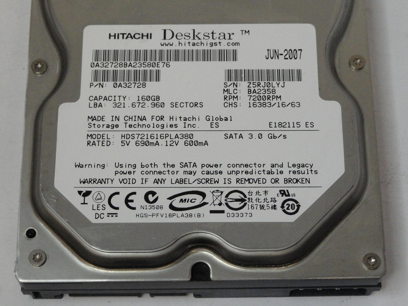 Hitachi 160GB SATA 7200rpm 3.5in HDD ( 0A32728 HDS721616PLA380 ) REF