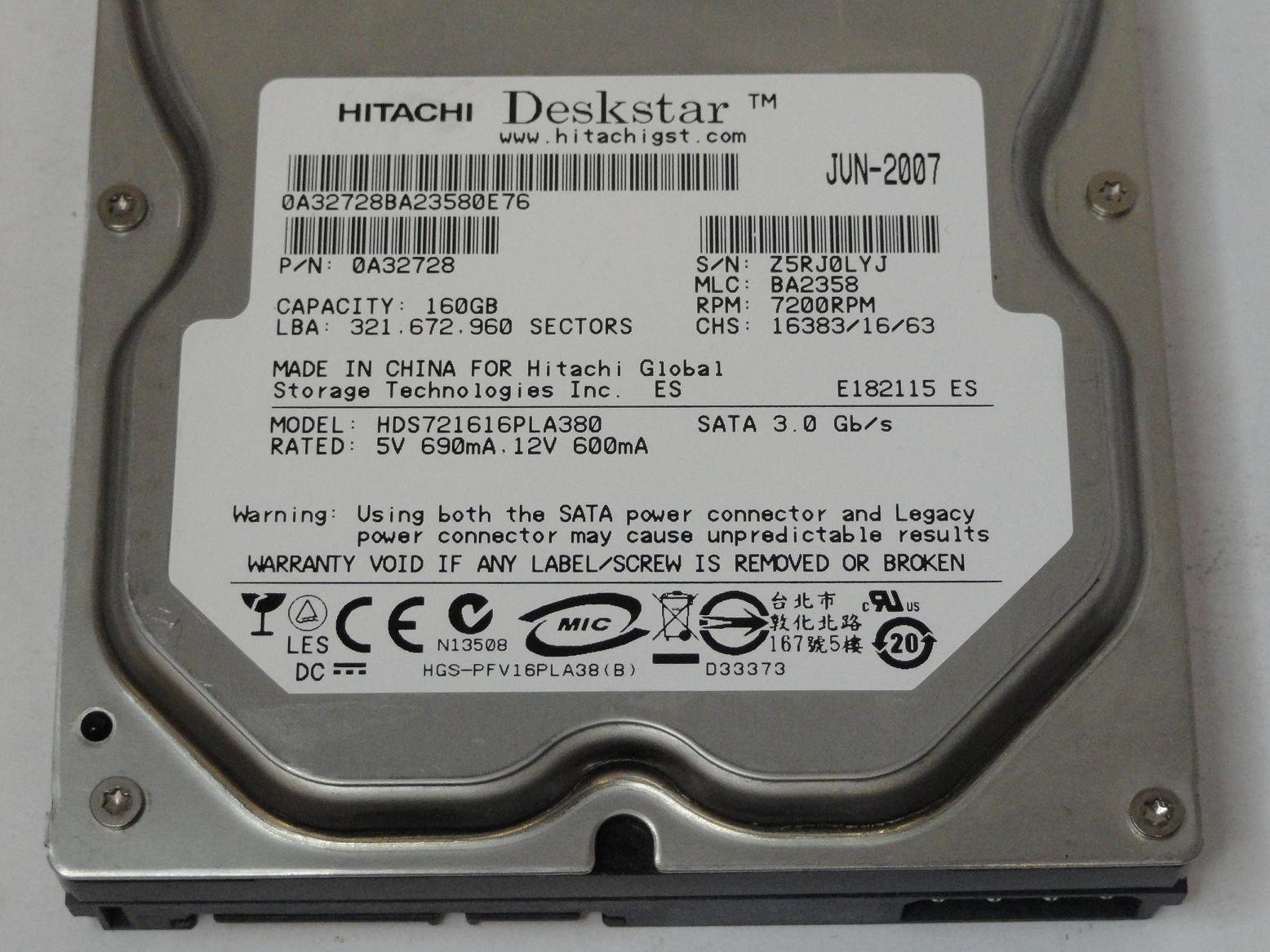 Hitachi 160GB SATA 7200rpm 3.5in HDD ( 0A32728 HDS721616PLA380 ) REF