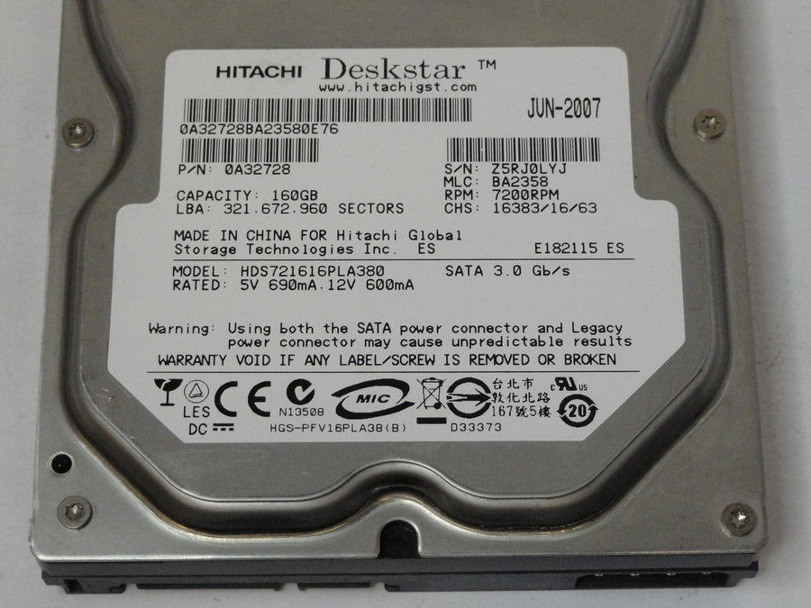 Hitachi 160GB SATA 7200rpm 3.5in HDD ( 0A32728 HDS721616PLA380 ) REF