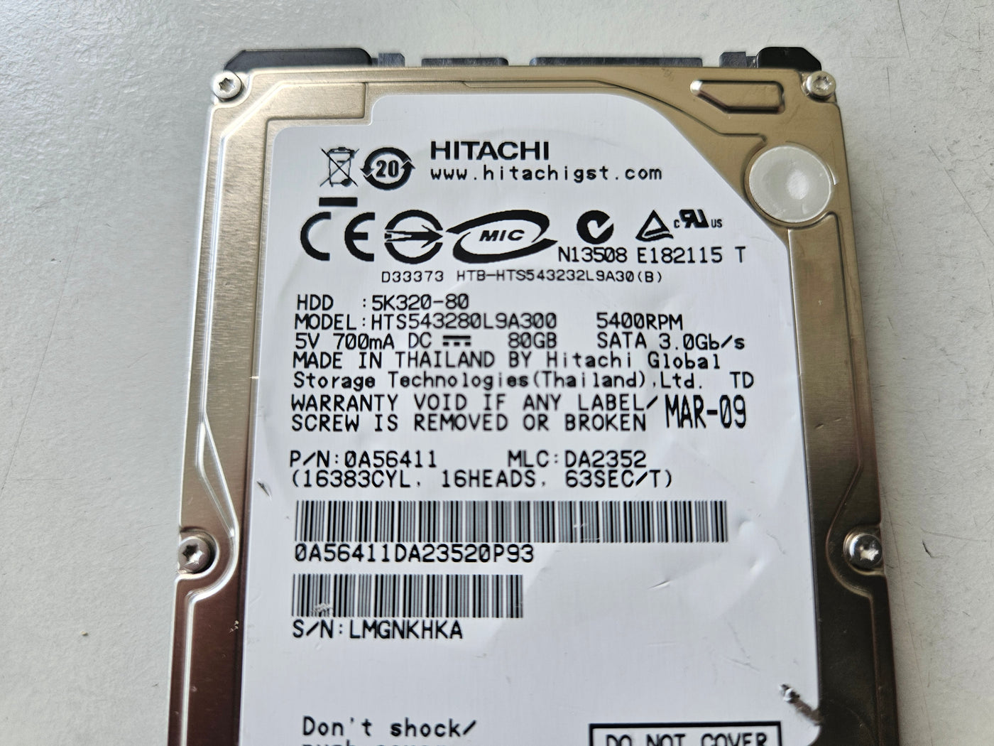 Hitachi 80GB SATA 5400rpm 2.5in HDD ( 0A56411 HTS543280L9A300 5K320-80 ) USED