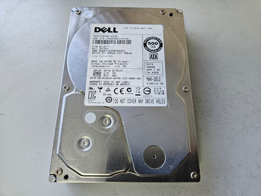 Dell Hitachi 500GB SATA 7200RPM 3.5" Hard Drive ( 0F18775 HUA722050CLA330 019HJ4 ) USED