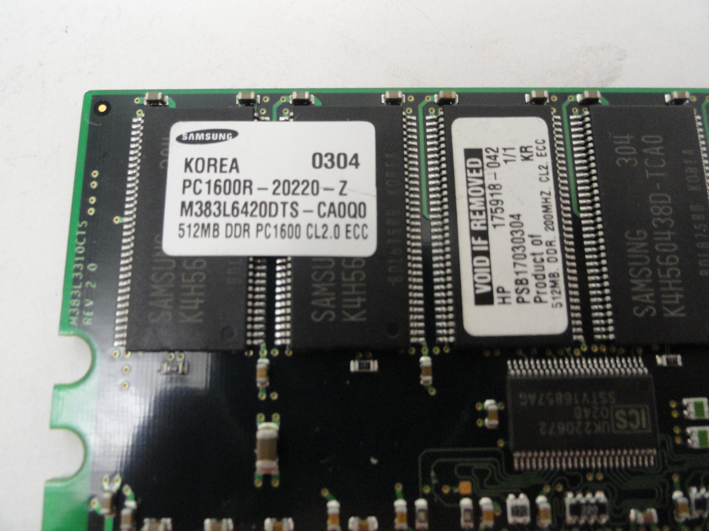Samsung HP 512Mb DDR-200MHz PC1600 CL2 ECC 184-Pin RAM Module ( M383L6420DTS-CA0Q0 175918-042 ) REF
