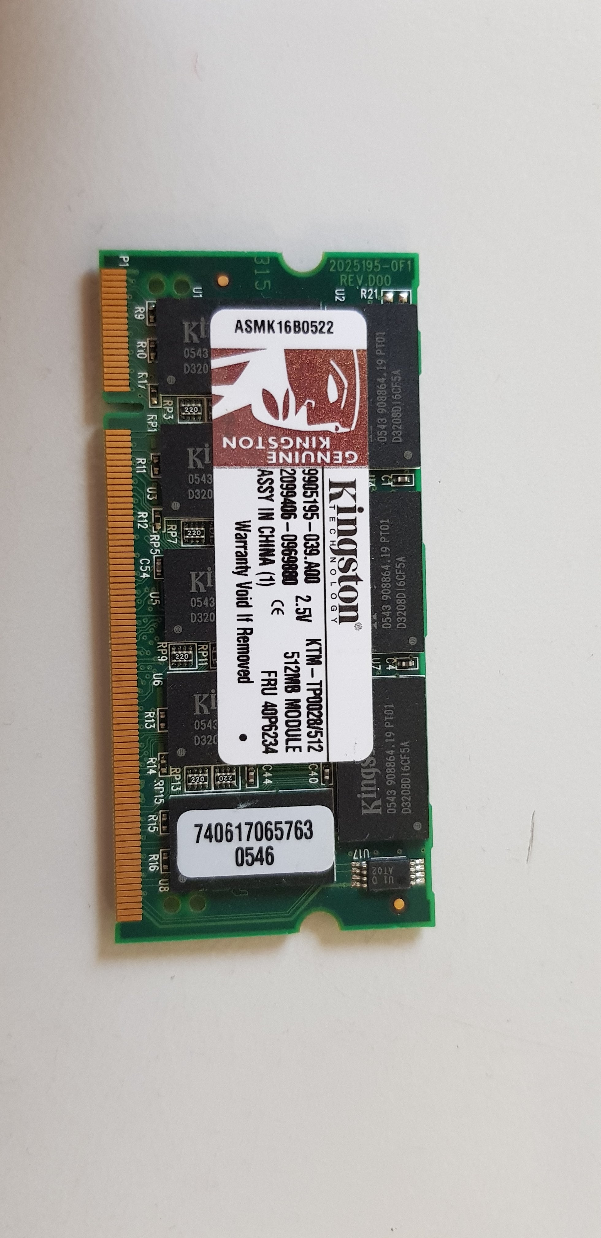 Kingston 512MB DDR-266MHz PC2100 non-ECC Unbuffered CL2.5 200-Pin SoDimm Memory Module (KTM-TP0028/512  9905064-010)