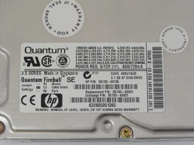 Quantum HP 2.1Gb IDE 3.5" Hard Drive ( SE21A011 SE21A101 D5193-60105 D5193-63001 D5193-69001 ) REF