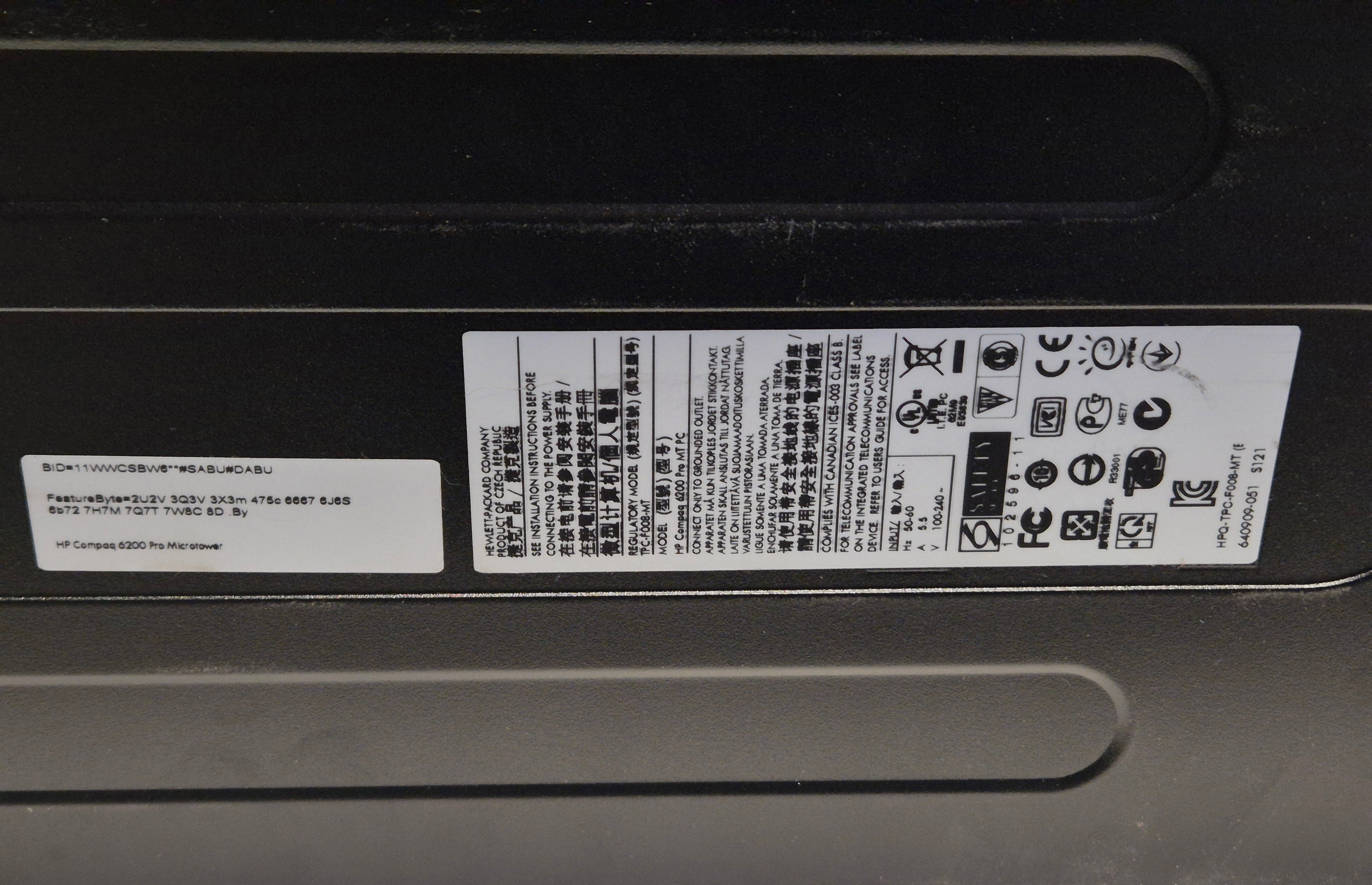 HP Compaq 6200 Pro MT DVD 8GB RAM i5-2400 3.1GHz NO OS NO HD Win7Pro COA present ( XY107ET#ABU ) USED