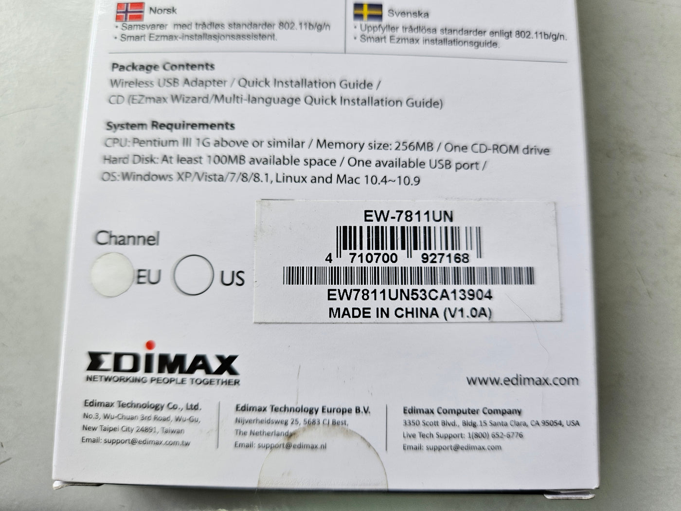 Edimax Wireless 802.11b/g/n nano USB Adapter VER 1 ( EW-7811Un V1 ) NOB