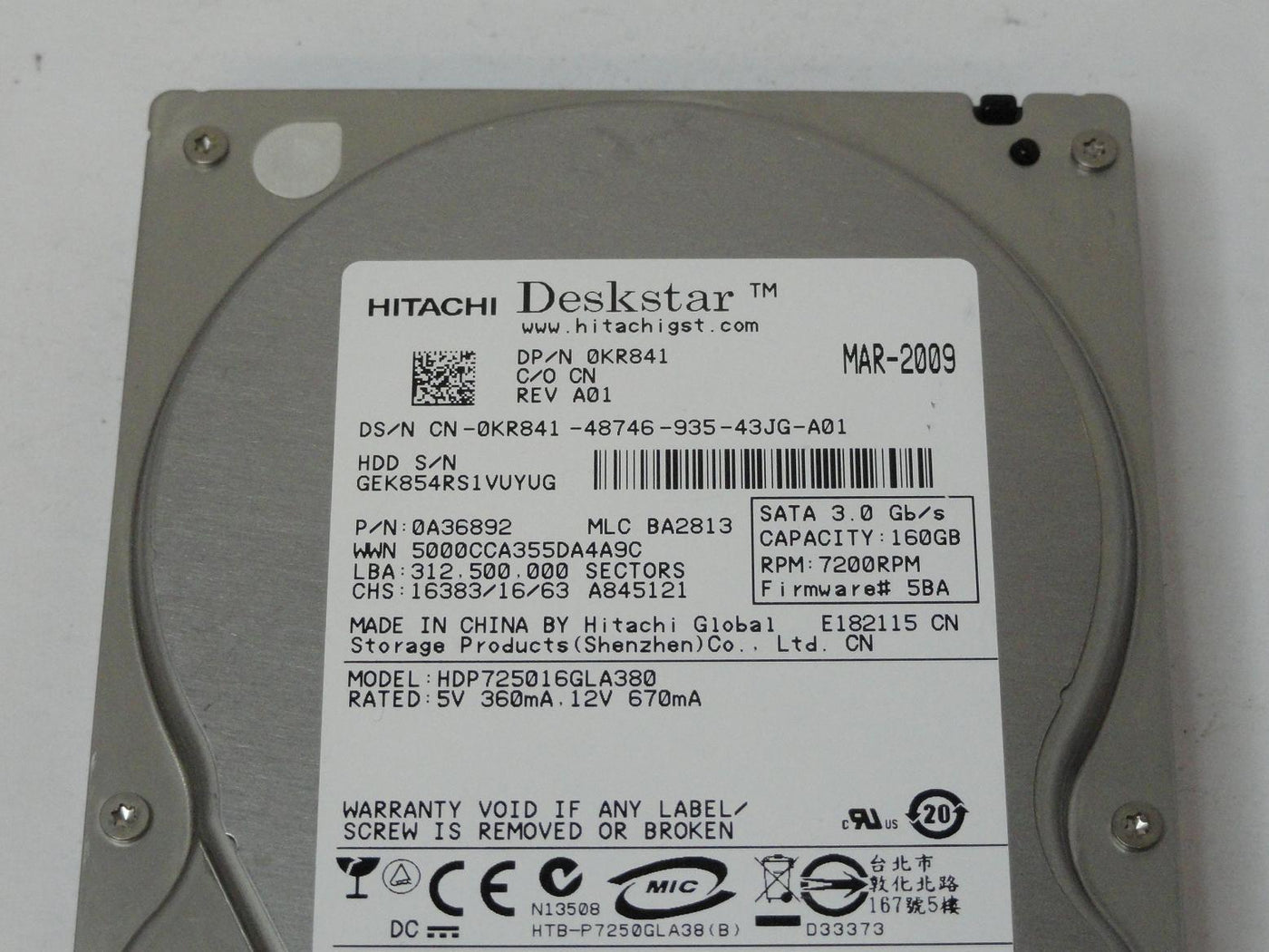 PR25146_0A36892_Hitachi Dell 160GB SATA 7200rpm 3.5in HDD - Image3