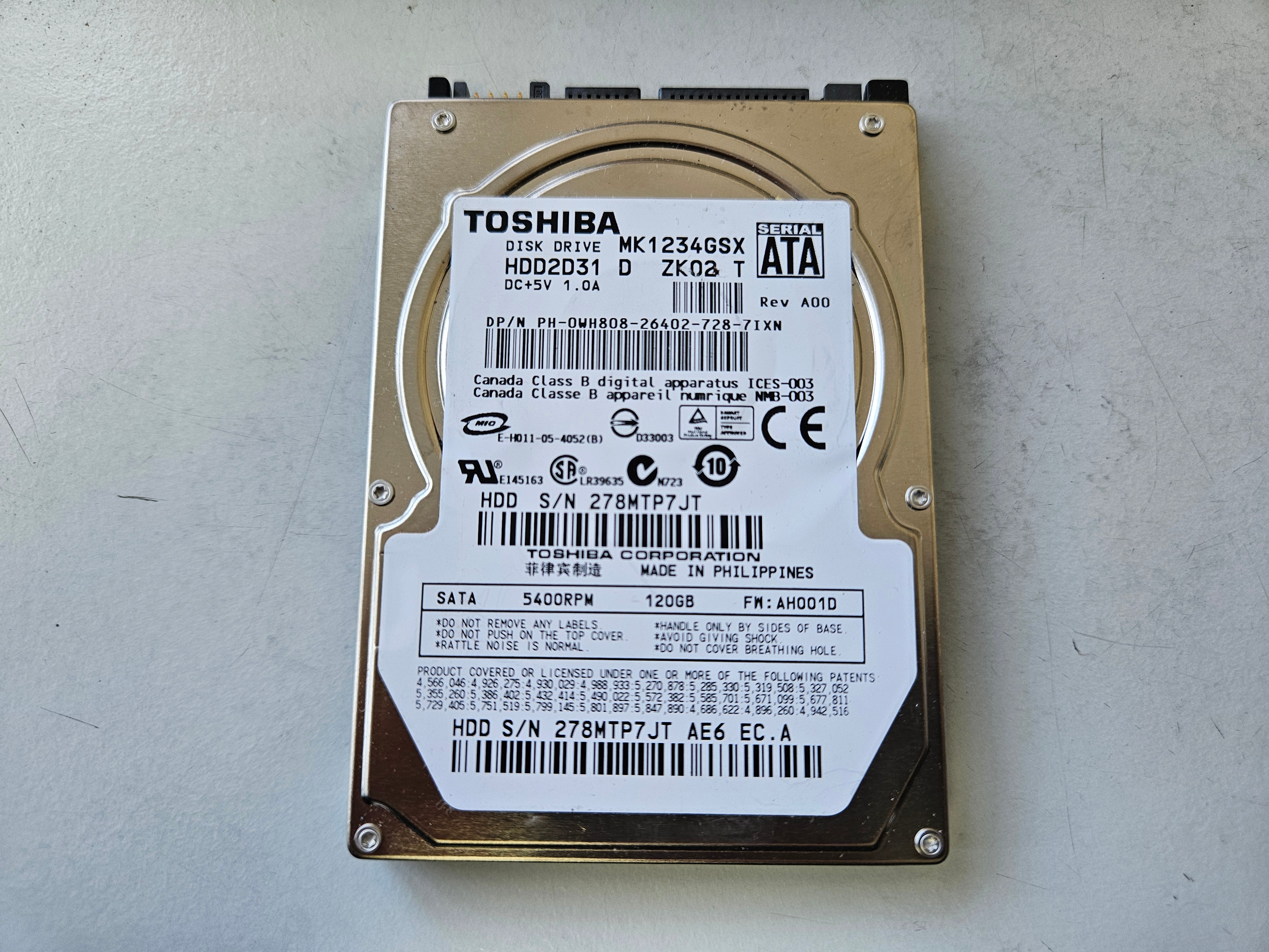 Toshiba Dell 120GB SATA 5400RPM 2.5in HDD ( MK1234GSX 0WH808 ) REF