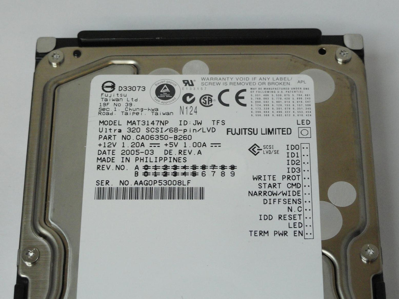 Fujitsu 147GB SCSI 68 Pin 10Krpm 3.5in HDD ( CA06350-B260 MAT3147NP ) USED