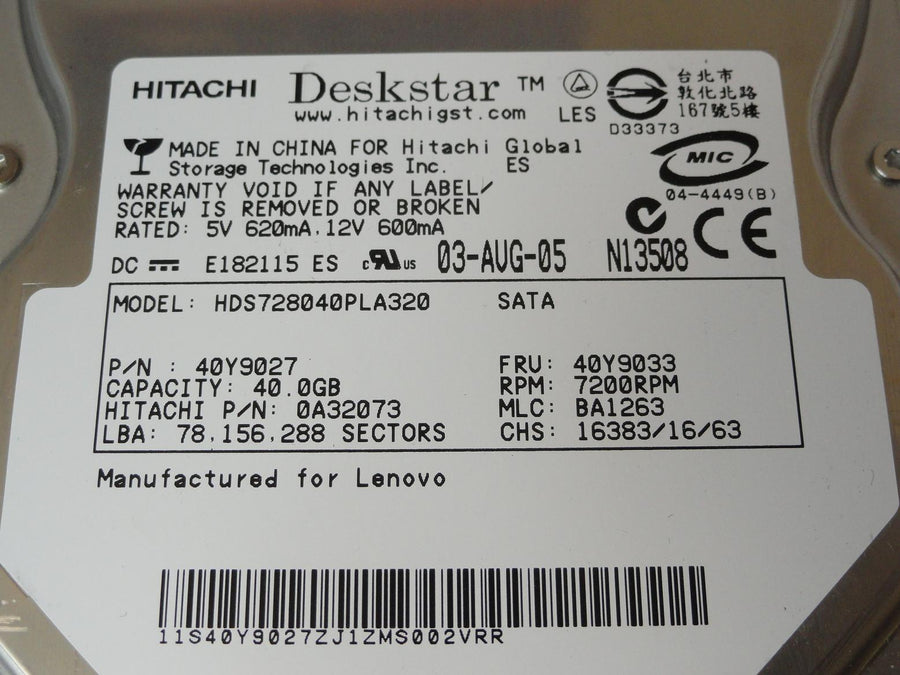 PR23889_0A32073_Hitachi Lenovo 40GB SATA 7200rpm 3.5in HDD - Image2
