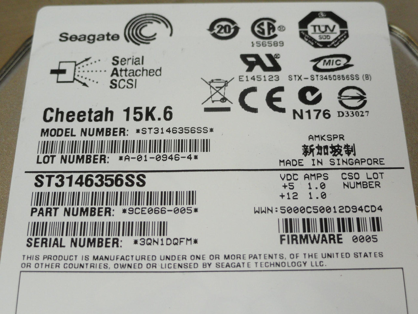 Seagate 146GB SAS 15Krpm 3.5in HDD ( 9CE066-005 ST3146356SS ) REF