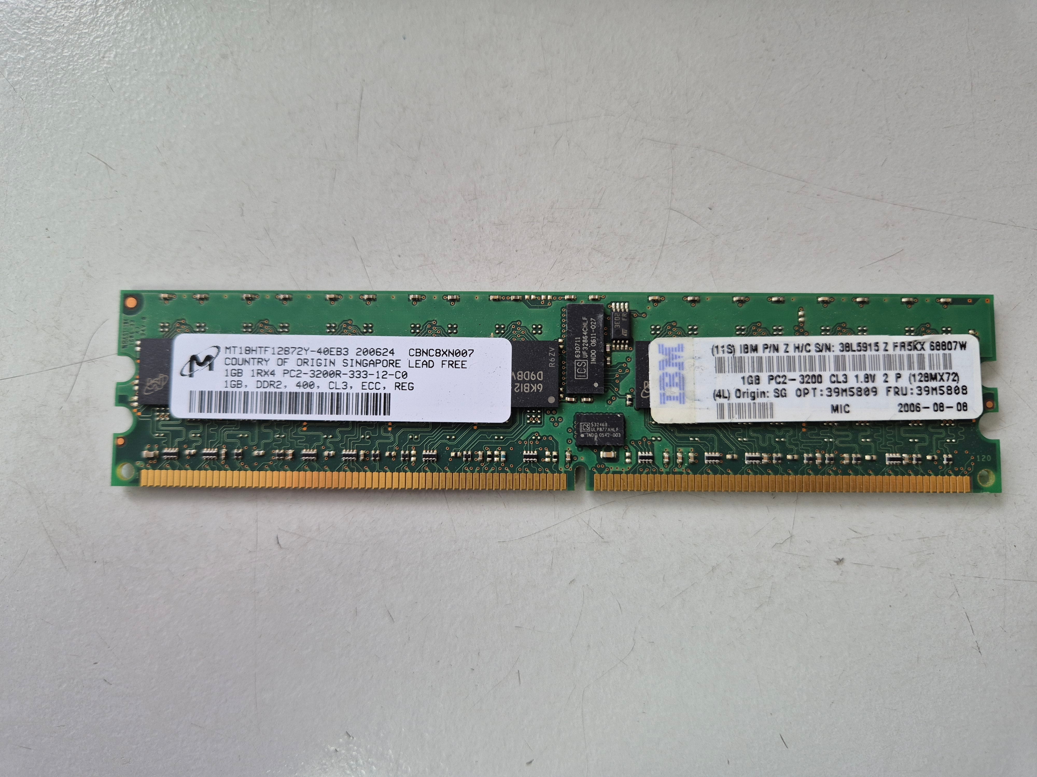 Micron IBM 1GB DDR2-400MHz PC2-3200 ECC Reg CL3 240-Pin DIMM ( MT18HTF12872Y-40EB3 38L5915 39M5809 39M5808 ) REF