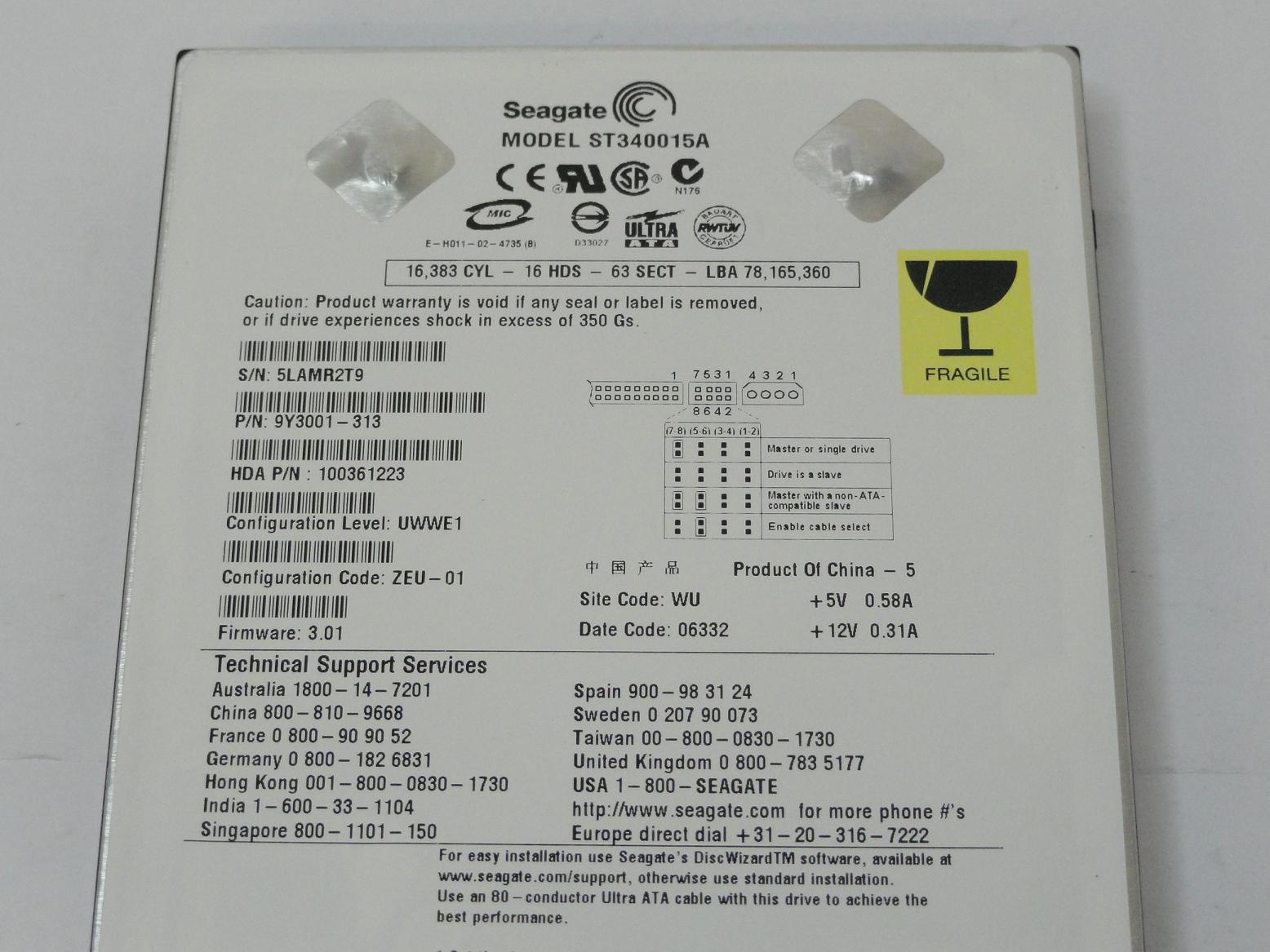 Seagate 40GB IDE 5400rpm 3.5in HDD ( 9Y3001-313 ST340015A ) USED