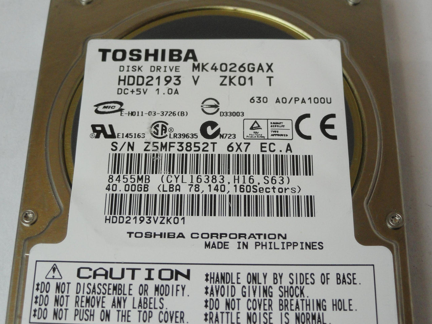 PR21127_HDD2193_Toshiba 40Gb IDE 5400rpm 2.5in HDD - Image2