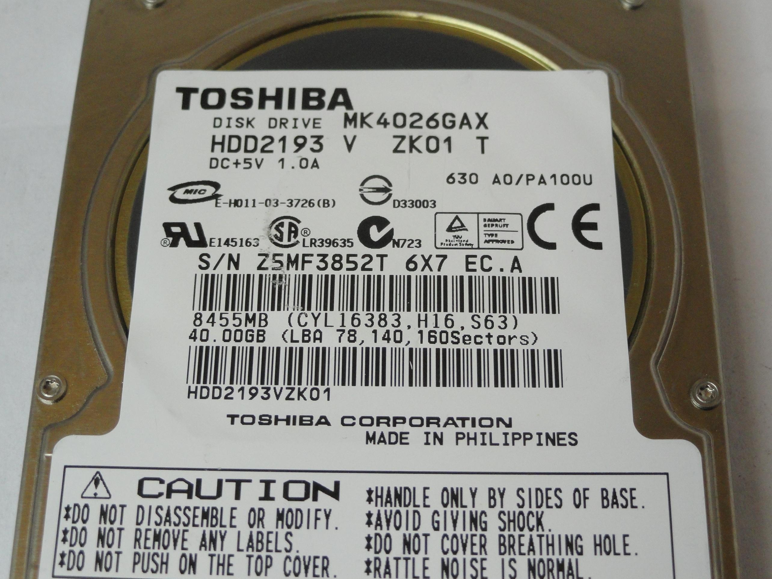 PR21127_HDD2193_Toshiba 40Gb IDE 5400rpm 2.5in HDD - Image2