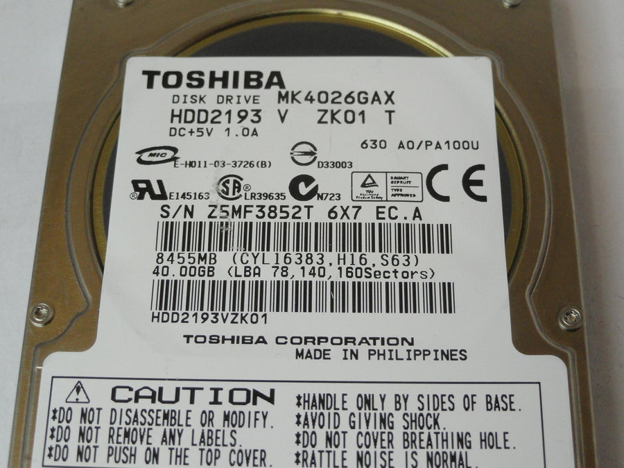 PR21127_HDD2193_Toshiba 40Gb IDE 5400rpm 2.5in HDD - Image2