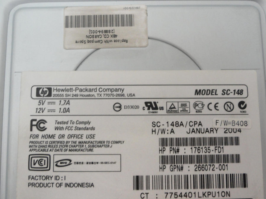 HP SC-148 48x Read 5.25" IDE Black CD-ROM Drive ( SC-148A/CPA 176135-FD1 266072-001 288894-001 ) USED