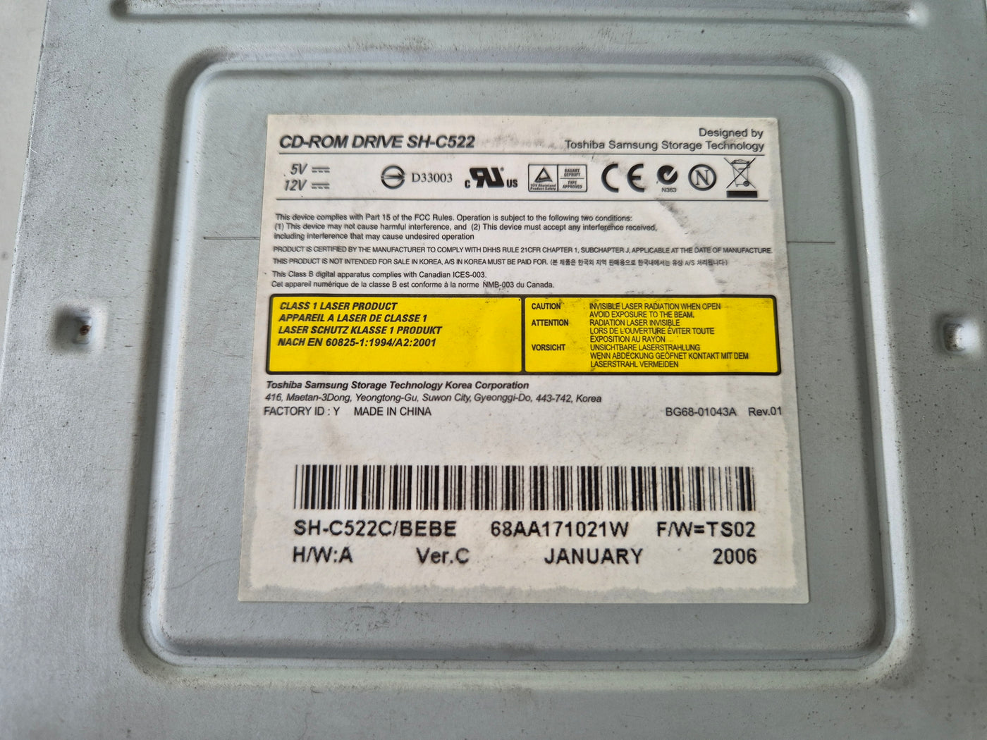 Toshiba Samsung SH-C522 Ver.C Black IDE 52x CDROM Drive ( SH-C522/BEBE ) USED