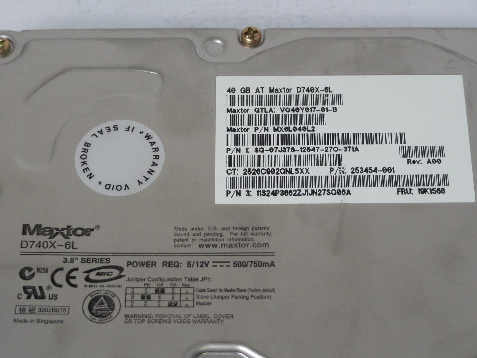 Maxtor Dell Compaq IBM 40GB IDE 7200rpm 3.5in HDD ( MX6L040L2 VQ40Y017 07J378 253454-001 19K1568 ) REF