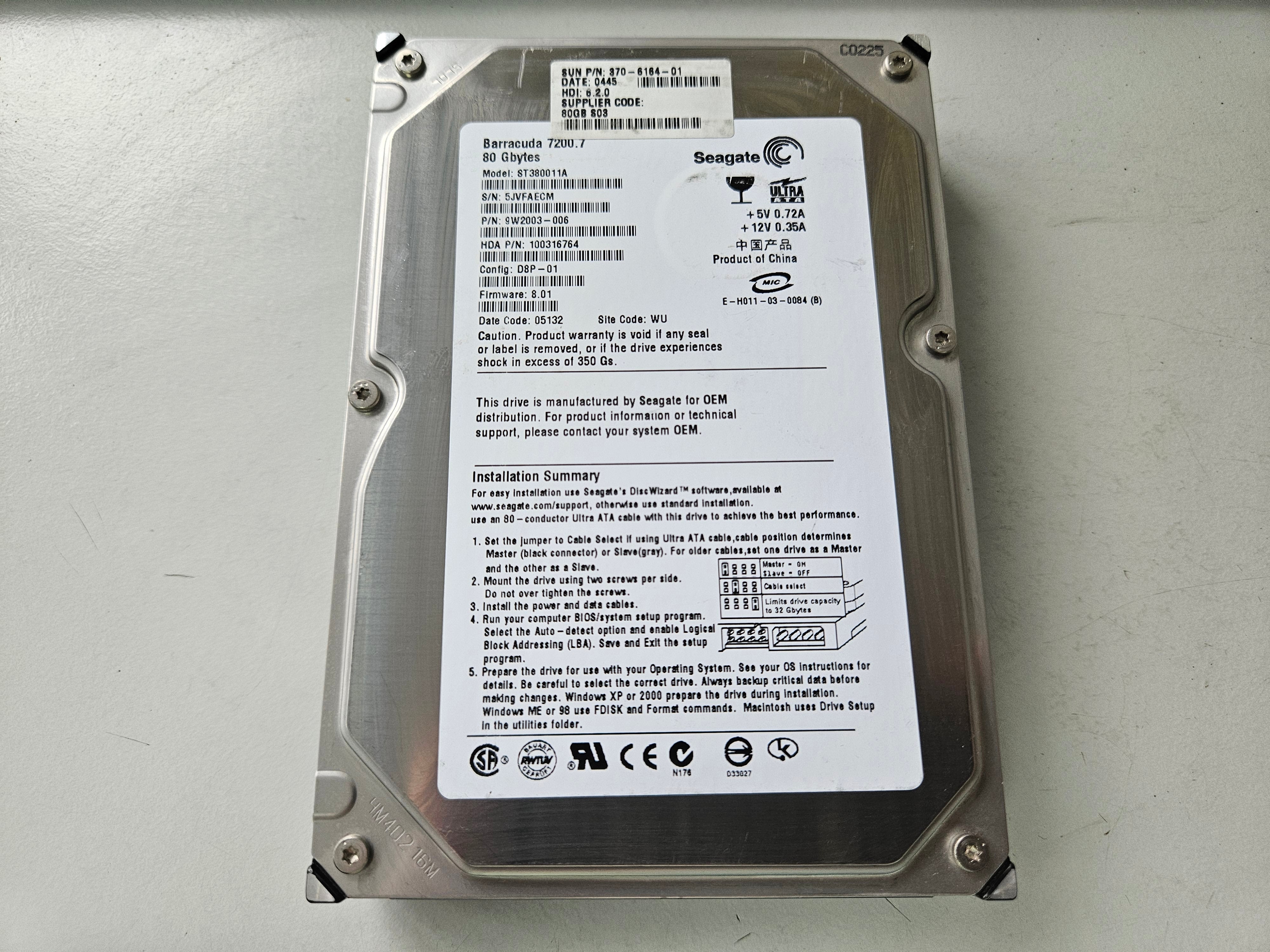 Seagate SUN 80GB IDE 7200rpm 3.5in HDD ( 9W2003-006 ST380011A 370-6164-01 )  USED