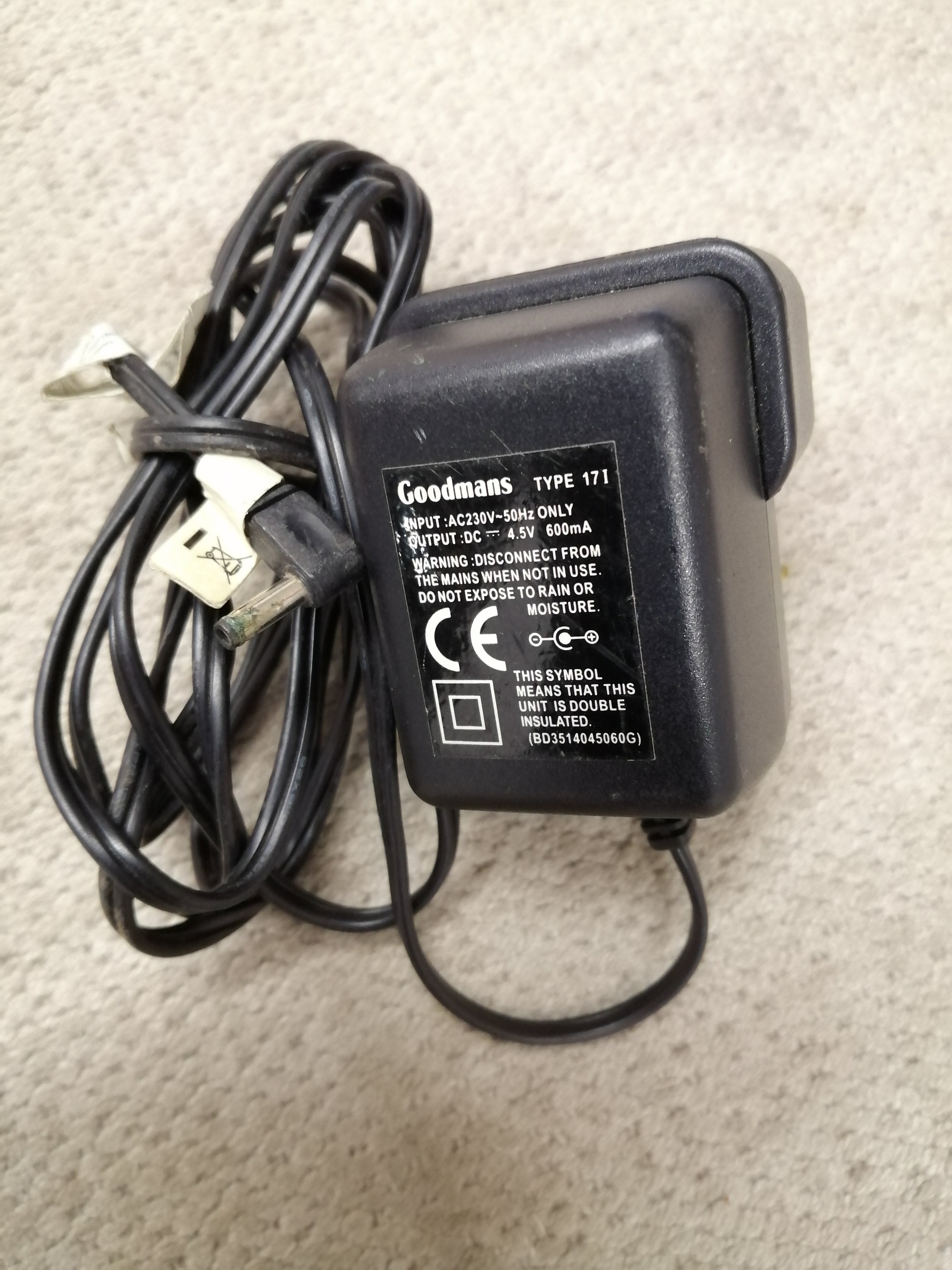 GOODMANS AC ADAPTER TYPE 171 IN AC230V OUT 4.5V 600mA ( BD3514045060G ) USED