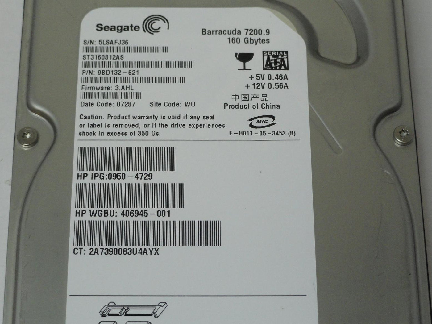 Seagate HP 160GB SATA 7200rpm 3.5in HDD ( 9BD132-621 ST3160812AS 406945-001 0950-4729   Seagate HP )