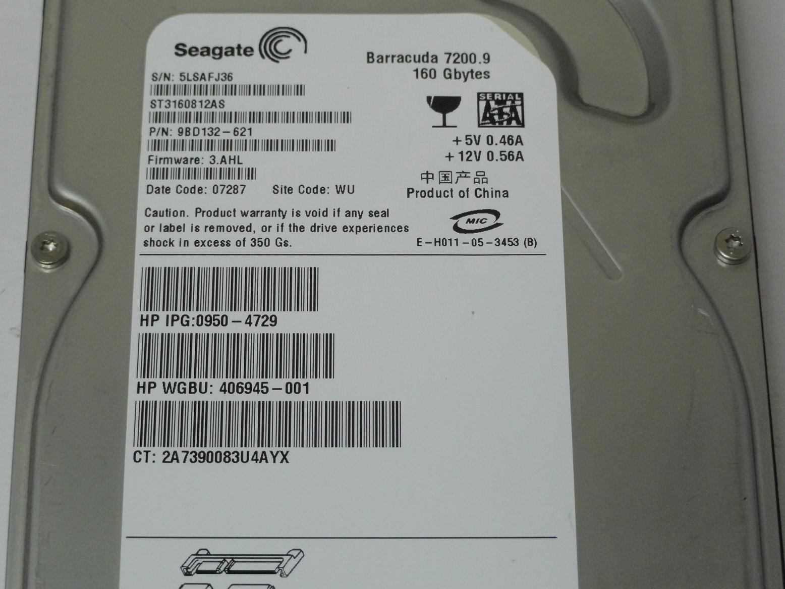 Seagate HP 160GB SATA 7200rpm 3.5in HDD ( 9BD132-621 ST3160812AS 406945-001 0950-4729   Seagate HP )