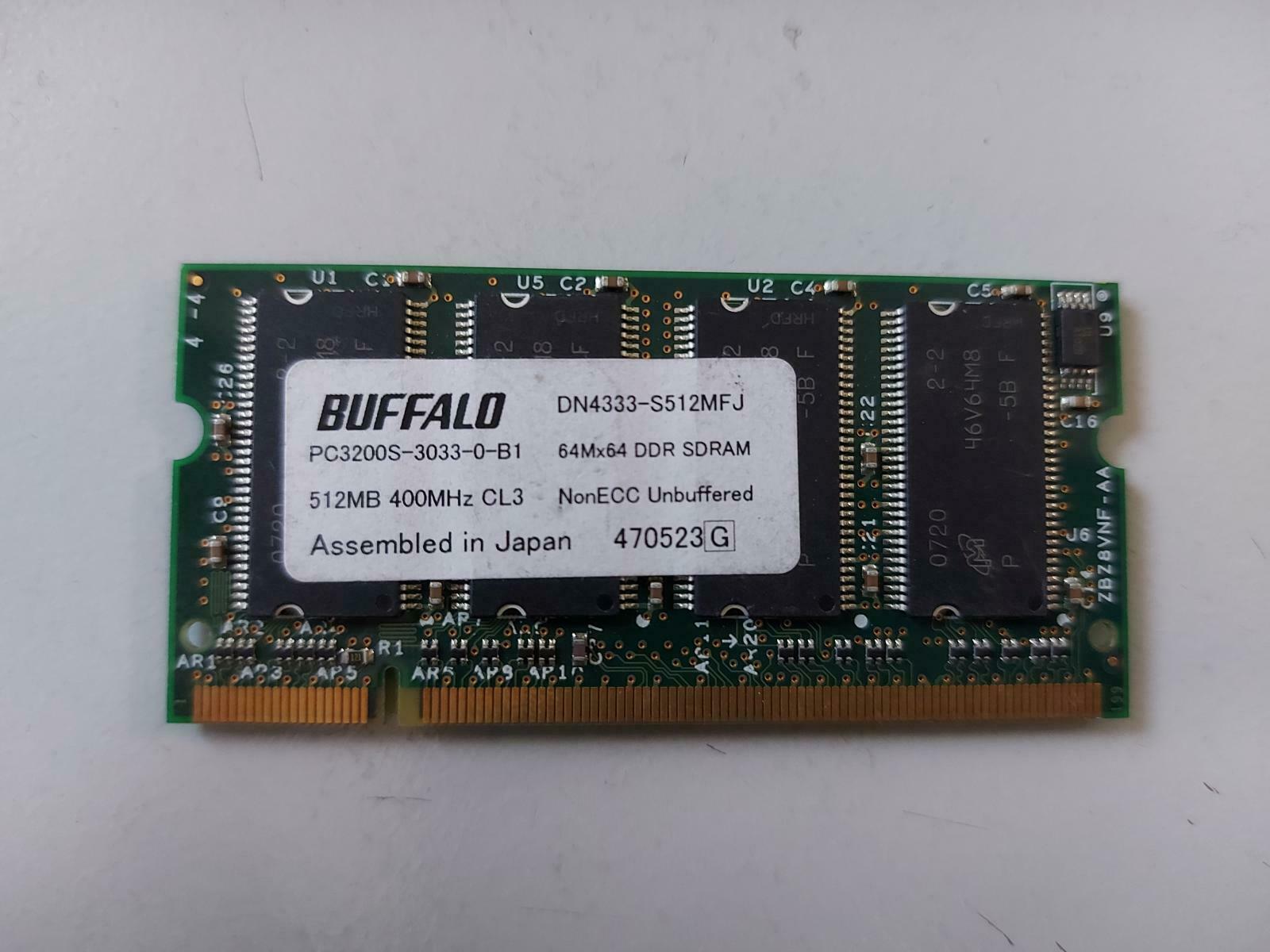 Buffalo 512MB 400MHz CL3 PC3200 NonECC Unbuffered DDR SODIMM DN4333-S512MFJ
