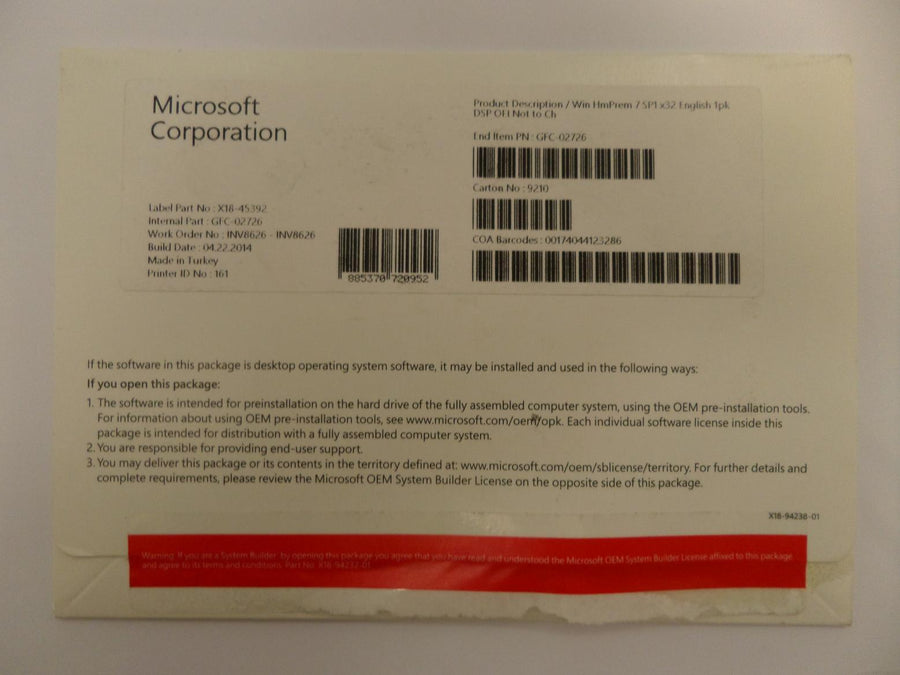 GFC-02726 - Microsoft Windows 7 Home Premium SP1 x32 English 1 Pack DSP OEI DVD LCP (PC) - NOB