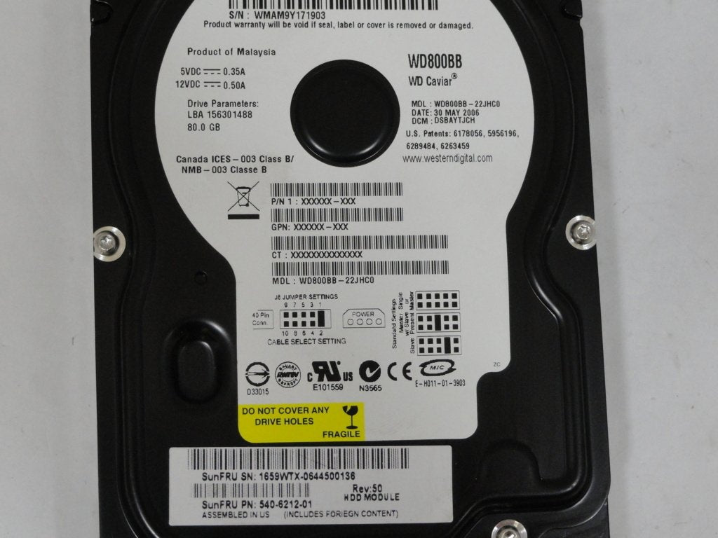 Western Digital Sun 80Gb IDE 7200rpm 3.5in HDD ( WD800BB-22JHC0 371-0314-01 ) REF