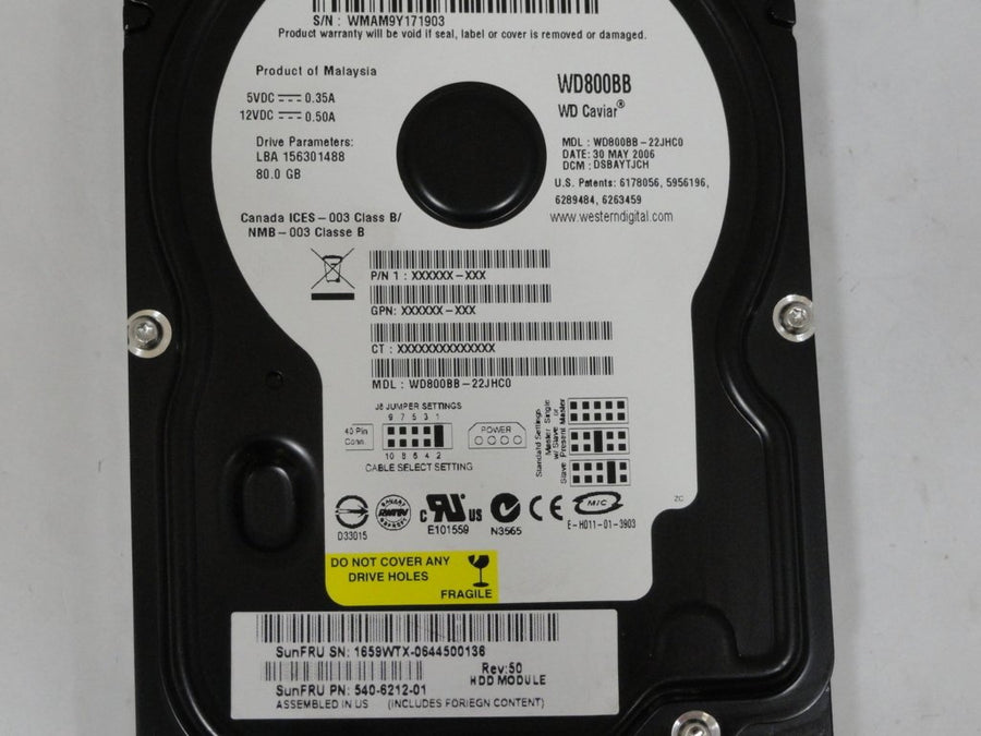 Western Digital Sun 80Gb IDE 7200rpm 3.5in HDD ( WD800BB-22JHC0 371-0314-01 ) REF