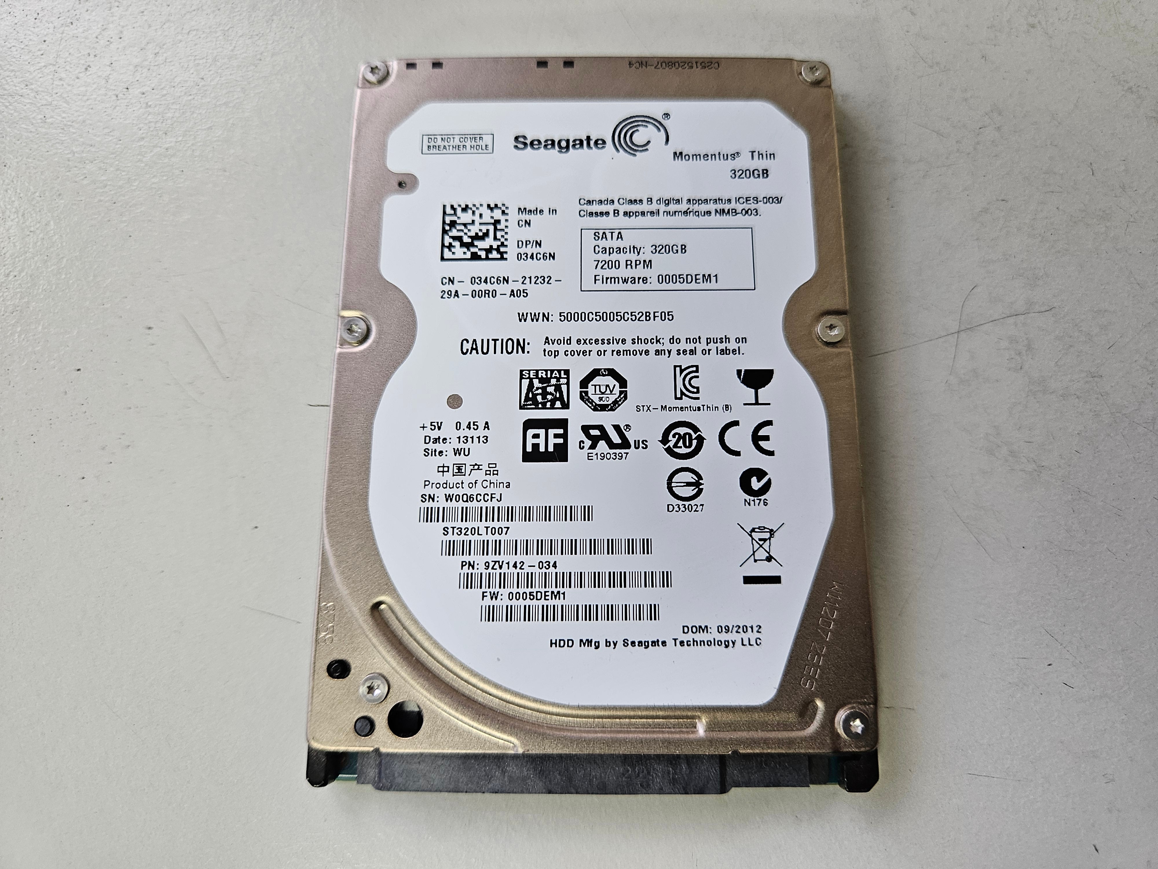 Seagate Dell 320GB 7200RPM SATA 2.5" HDD ( 9ZV142-034 ST320LT007 034C6N ) REF